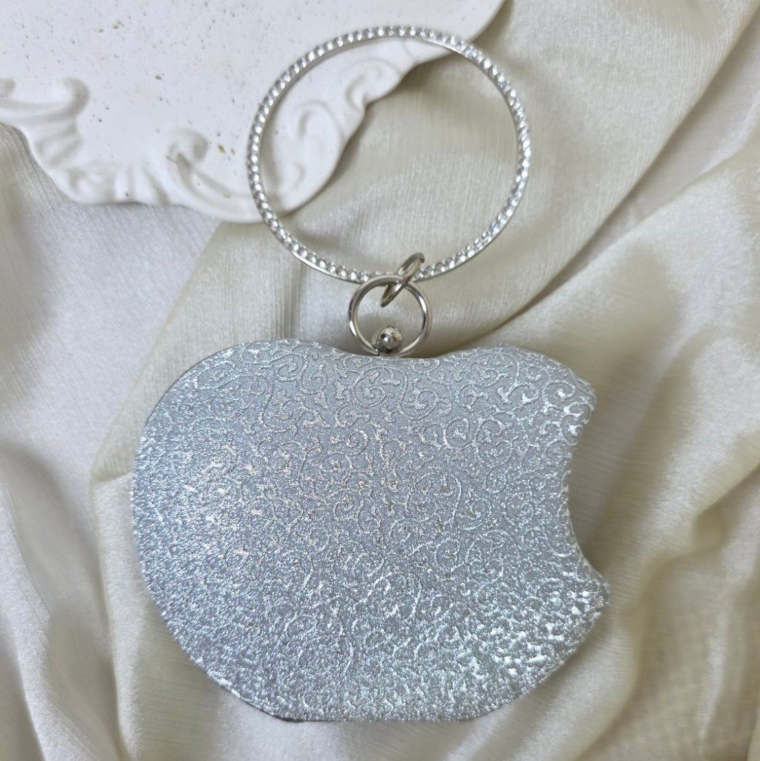 Luxury silver crystal clutch with round ring handle – evening and festive handbag by Urban Gear