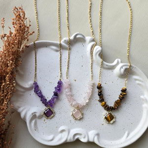 Healing crystal necklace collection – amethyst, rose quartz, and tiger eye gemstone necklaces by Urban Gear