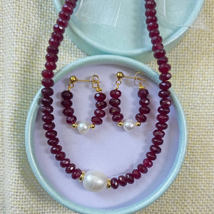 by beaded necklace set with natural freshwater pearl and matching earrings