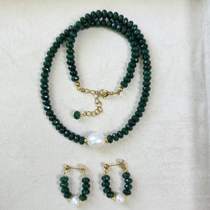 Green aventurine necklace set with freshwater pearl and matching earrings
