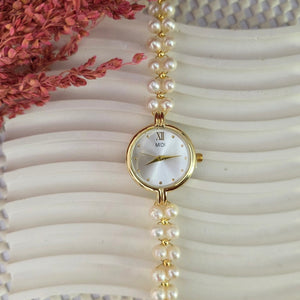 Freshwater pearl bracelet watch for women with gold case and white round dial