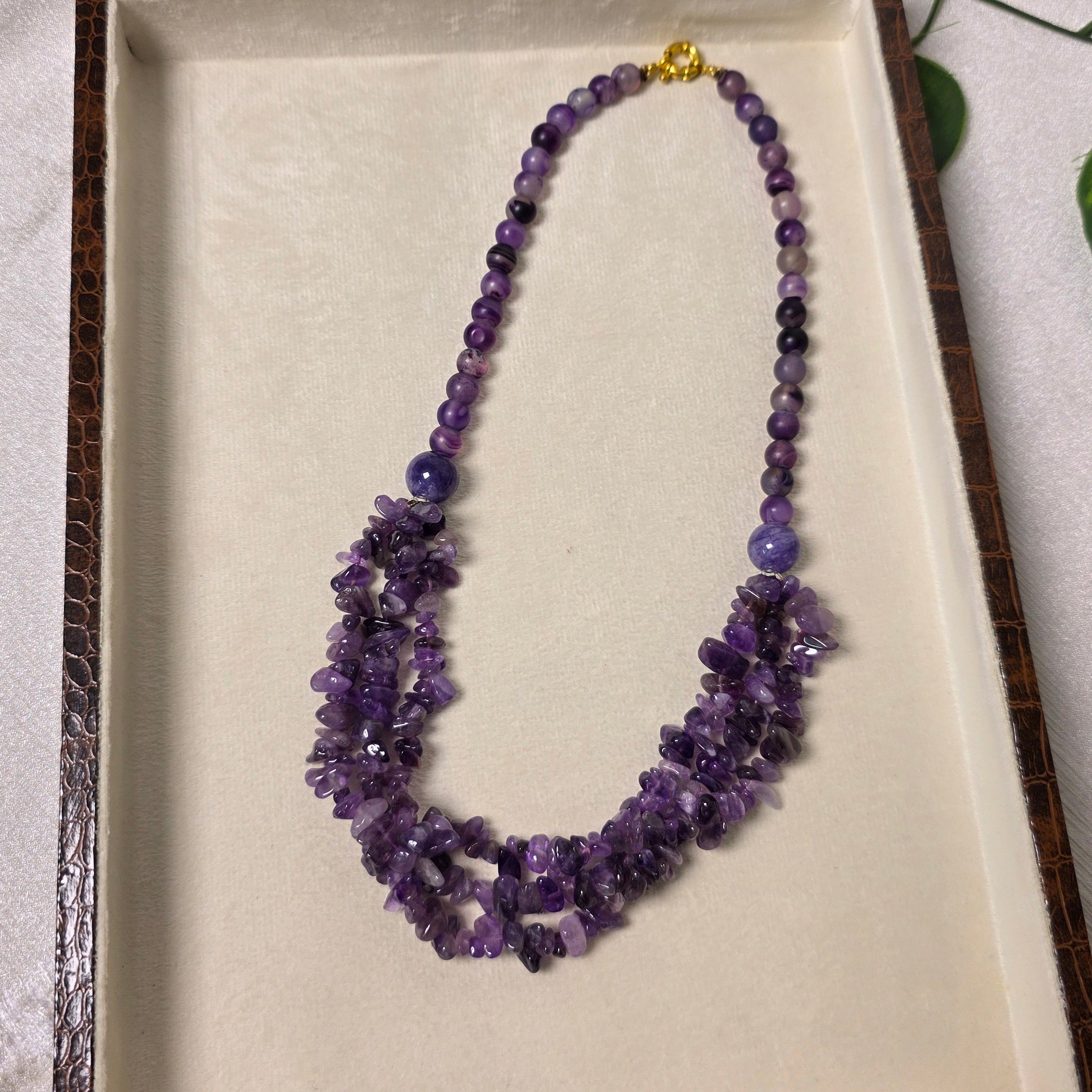 Natural amethyst chip necklace with round beads – handmade purple gemstone necklace
