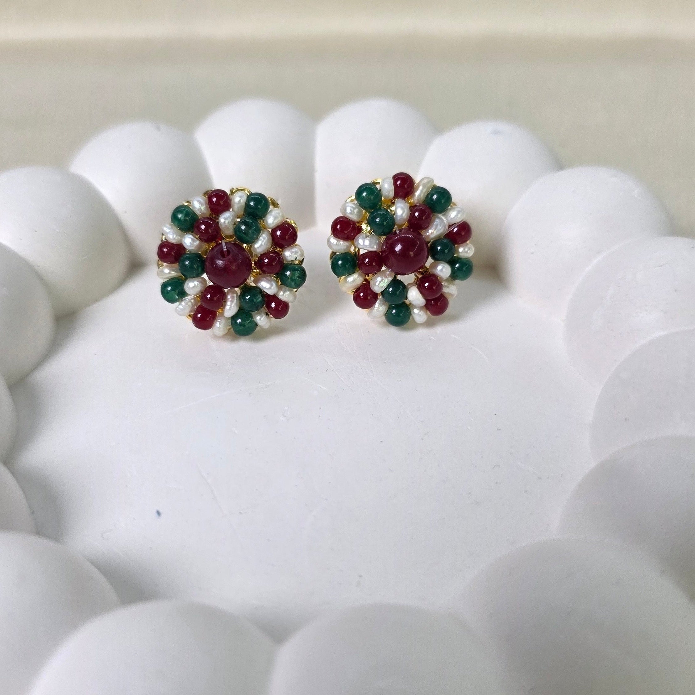 Handmade pearl and gemstone stud earrings for women