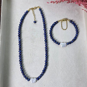 Blue freshwater pearl necklace and bracelet set for women