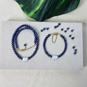 Blue freshwater pearl necklace and bracelet set for women