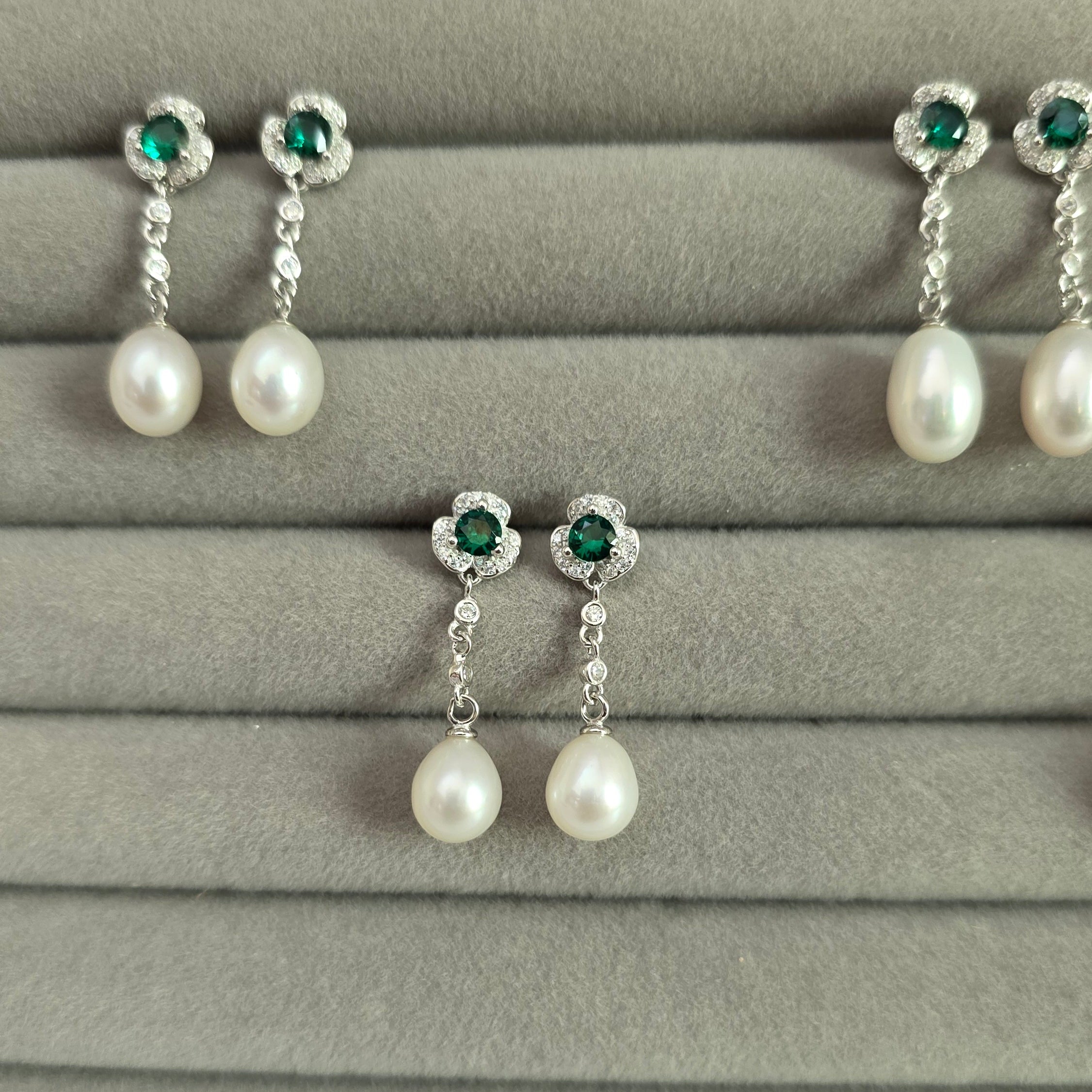 Emerald Green Zircon and Pearl Earrings