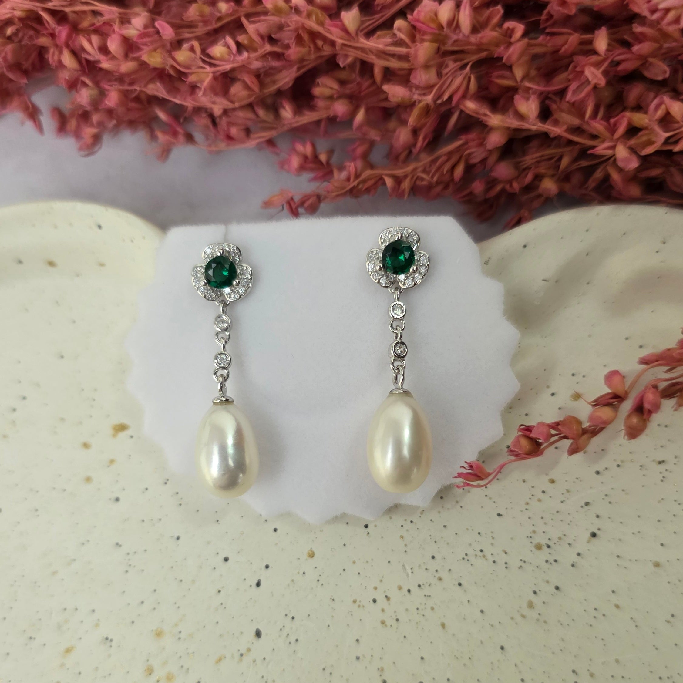 Emerald Green Zircon and Pearl Earrings