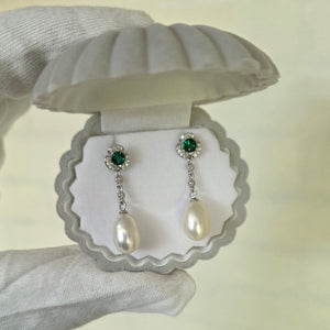 Emerald Green Zircon and Pearl Earrings