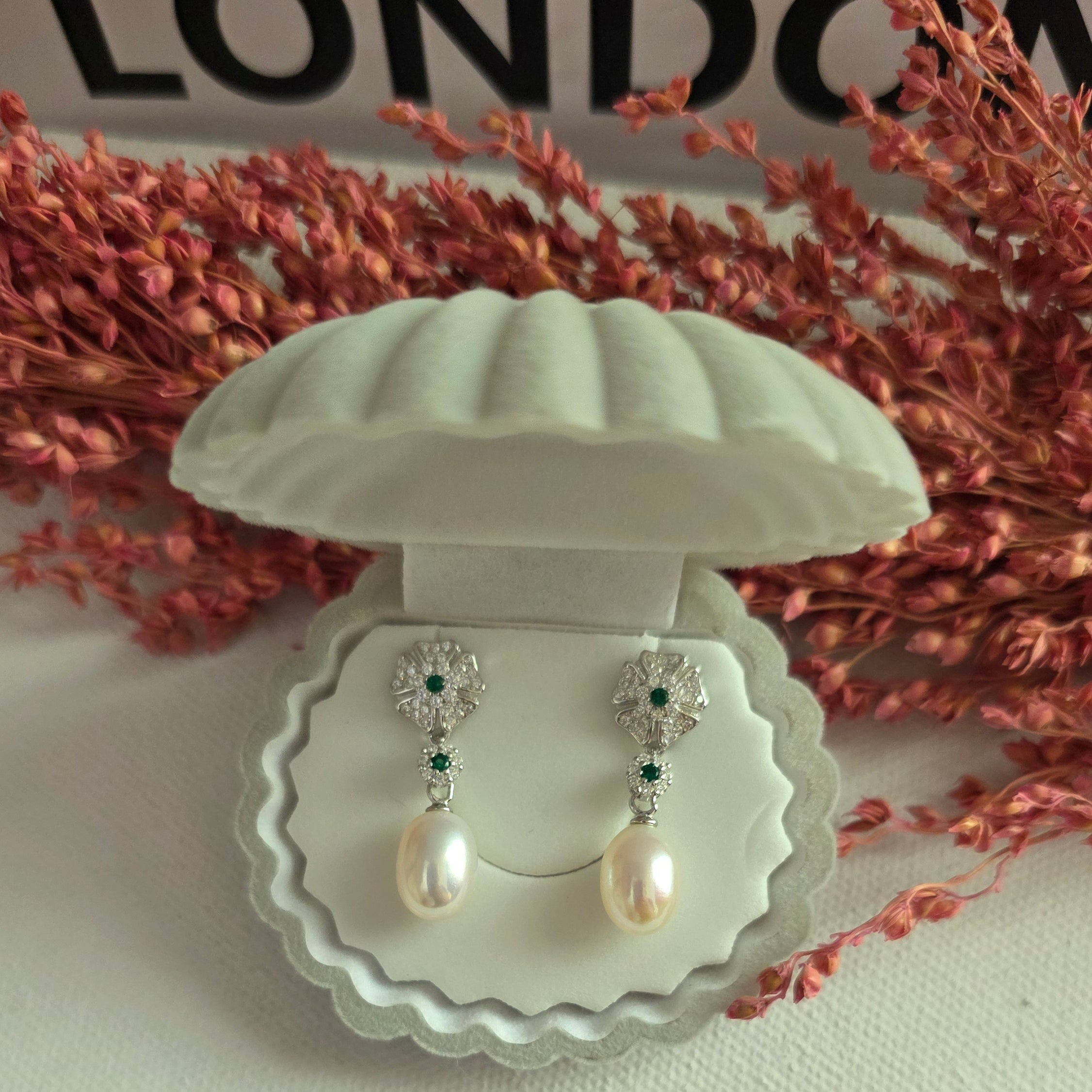 Pure 925 Silver Pearl Earrings with Floral Zircon Design