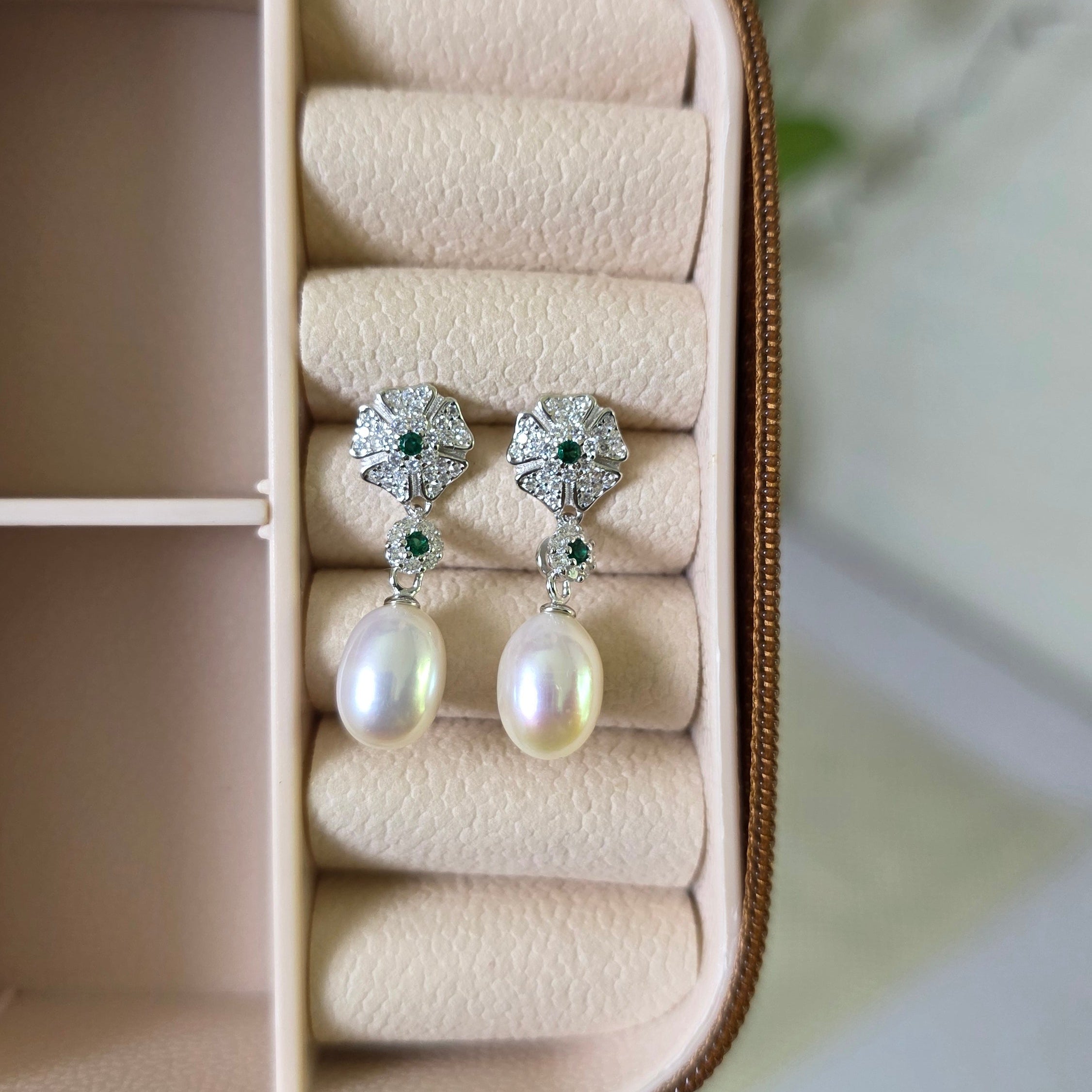 Freshwater Pearl Drop Earrings with Green Zircon in Sterling Silver
