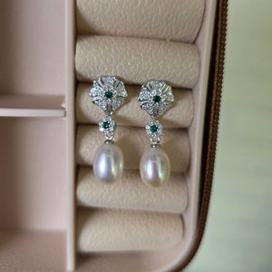 Freshwater Pearl Drop Earrings with Green Zircon in Sterling Silver