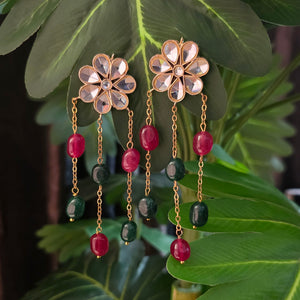 uxury Ruby Green Jade Kundan Floral Statement Earrings Gold Plated