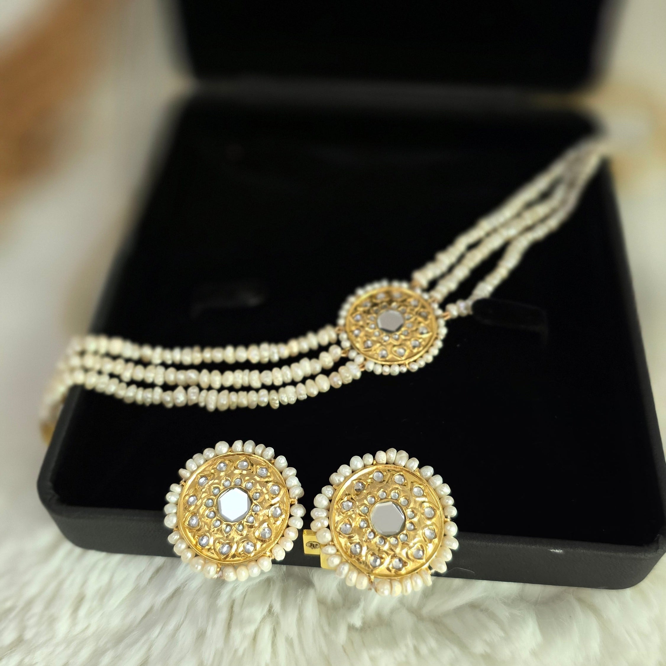 Freshwater pearl multi-strand Kundan choker necklace set with matching earrings