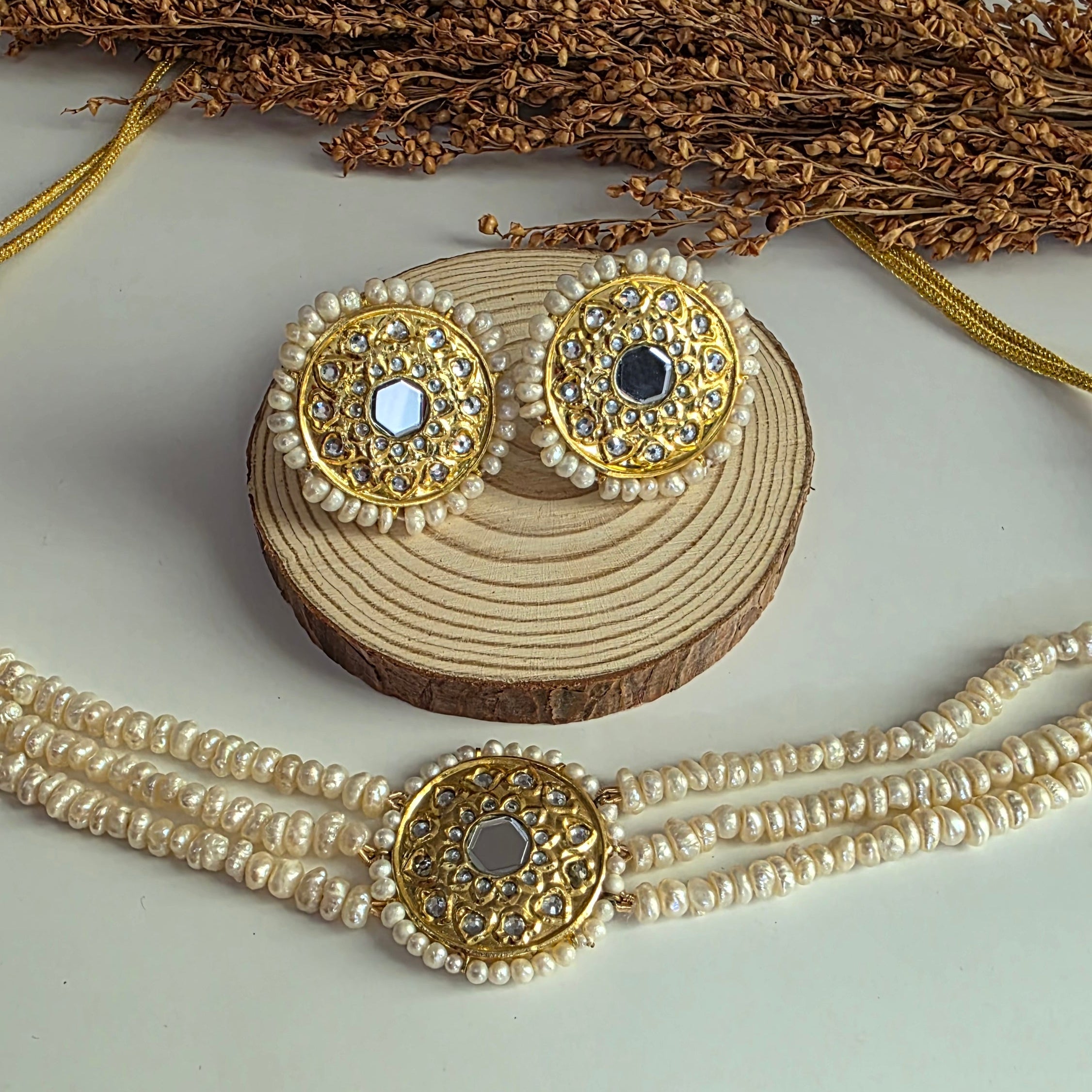 Freshwater pearl multi-strand Kundan choker necklace set with matching earrings