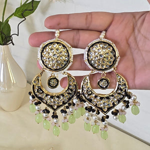 Gold plated Thappa Kundan Meena work statement earrings with colorful hanging accents