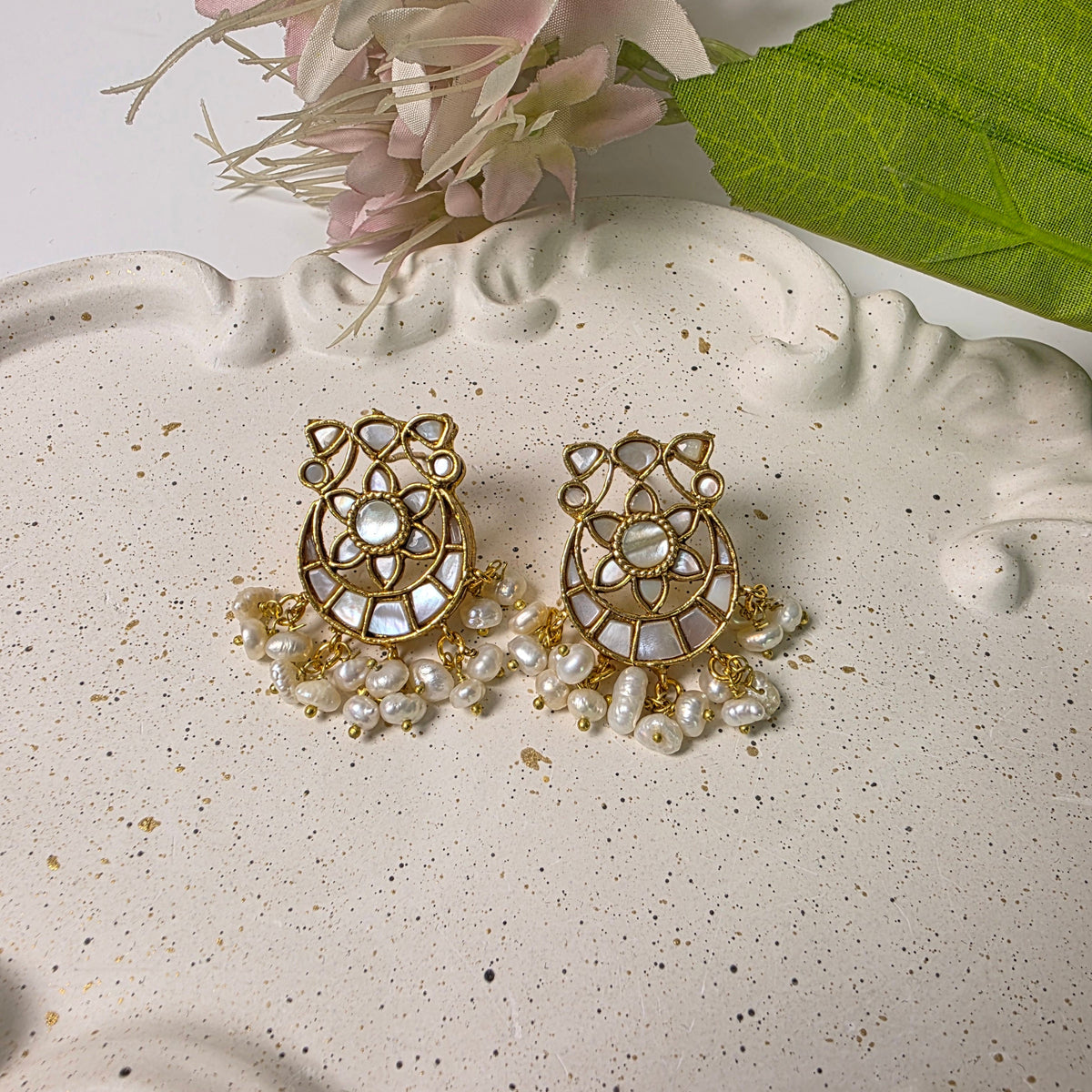 Mother of Pearl Chandbali earrings with gold-tone detailing and pearl accents