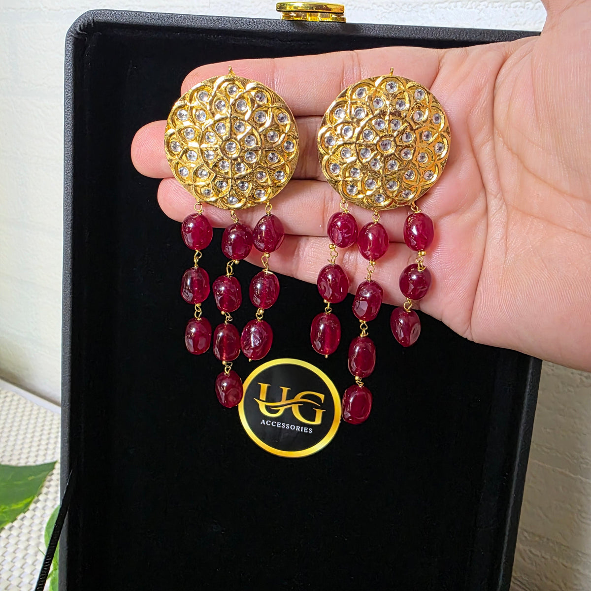 Original Ruby Jade Stone 3 layer necklace with gold-tone centerpiece