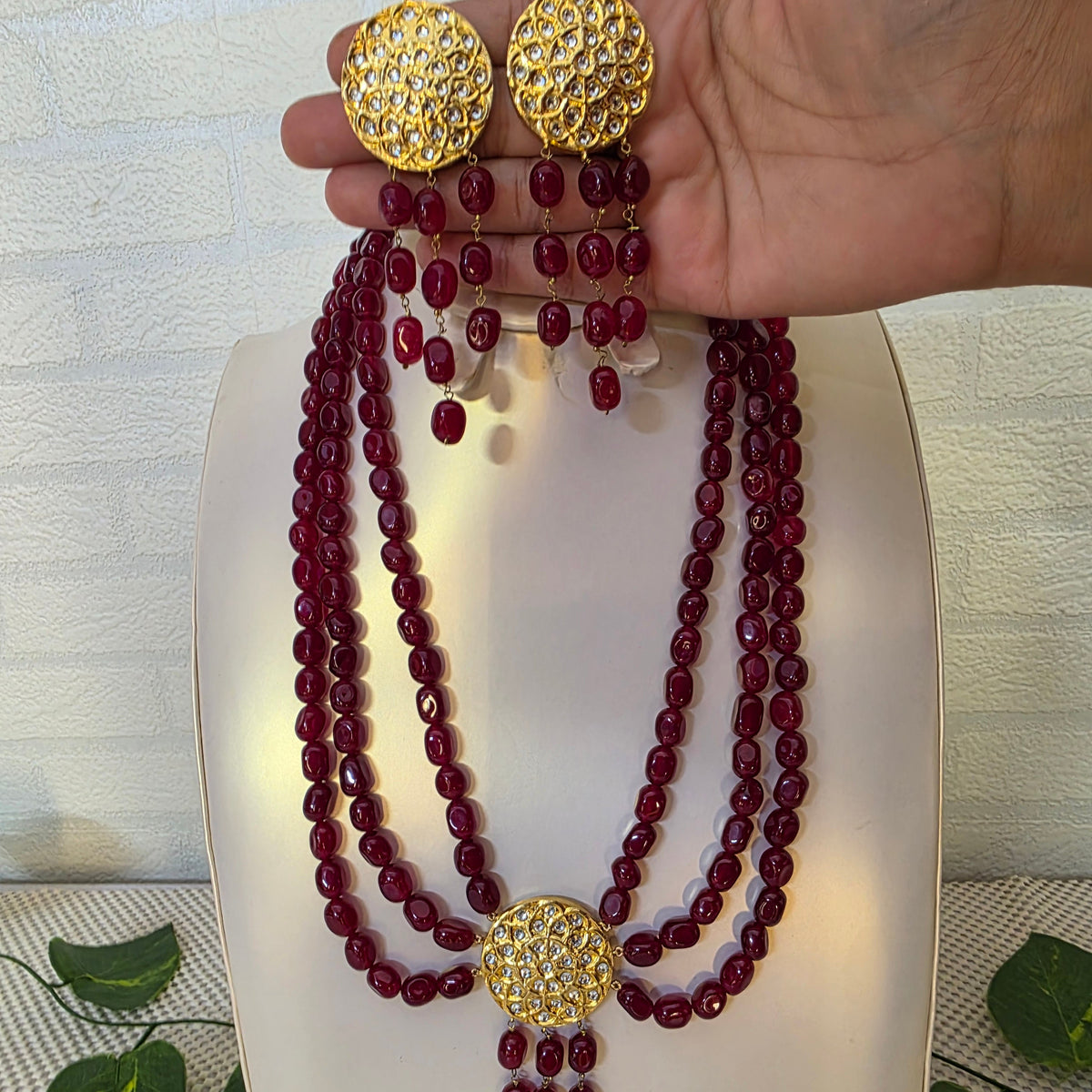 Original Ruby Jade Stone 3 layer necklace with gold-tone centerpiece