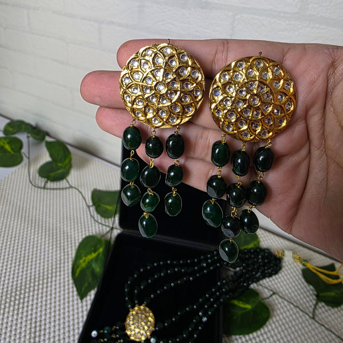 Original Emerald Jade Stone 3 layer necklace with gold-tone centerpiece