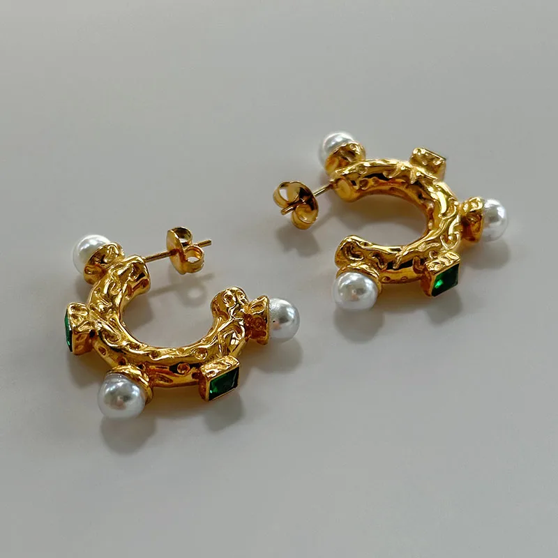 Gold-Plated Pearl & Emerald Accent Hoop Earrings | Urban Gear