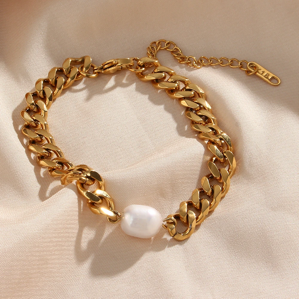 18K Gold-Plated Chunky Chain Bracelet with Natural Pearl