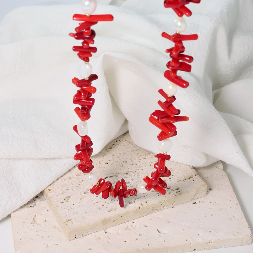 Red Coral & Pearl Jewelry Set – Handmade Boho Necklace, Bracelet & Earrings