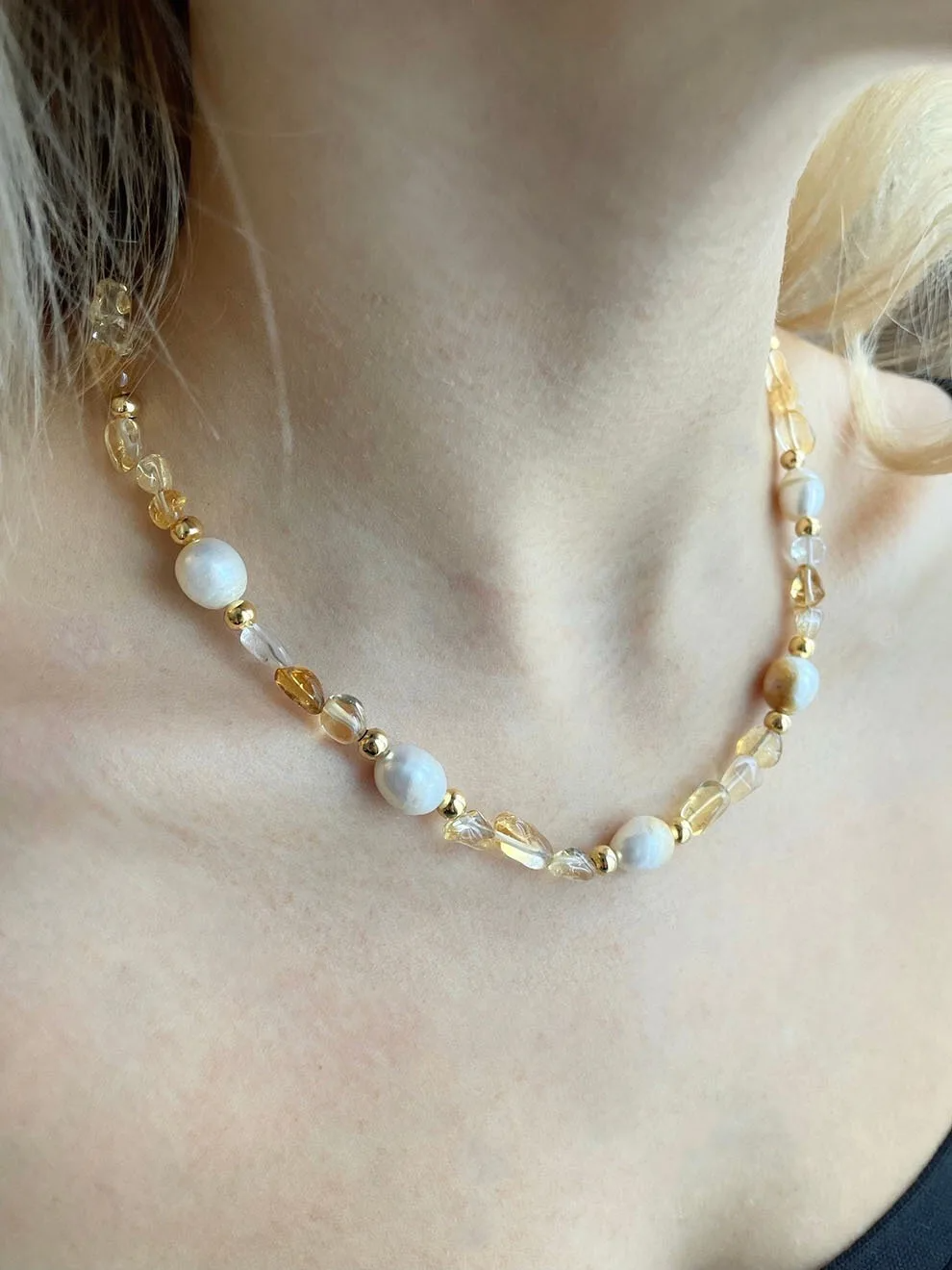 Elegant Freshwater Pearl & Citrine Beaded Necklace – Gold Accents