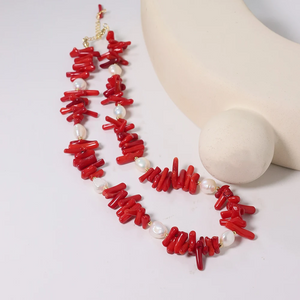 Red Coral & Pearl Jewelry Set – Handmade Boho Necklace, Bracelet & Earrings