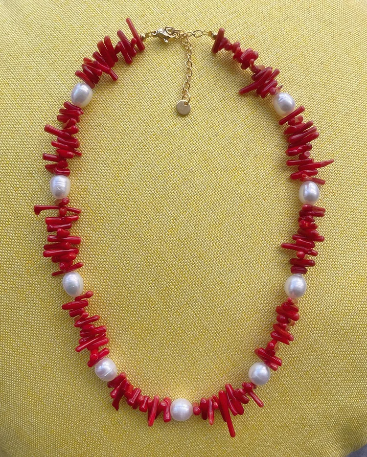 Handmade Red Coral & Pearl Necklace – Boho Beach Gemstone Jewelry for Women