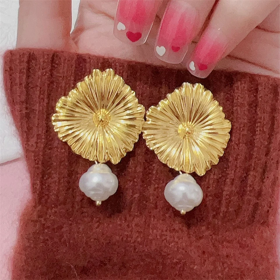 Gold Textured Floral Earrings with Imitation Pearls – Statement Earrings for Women