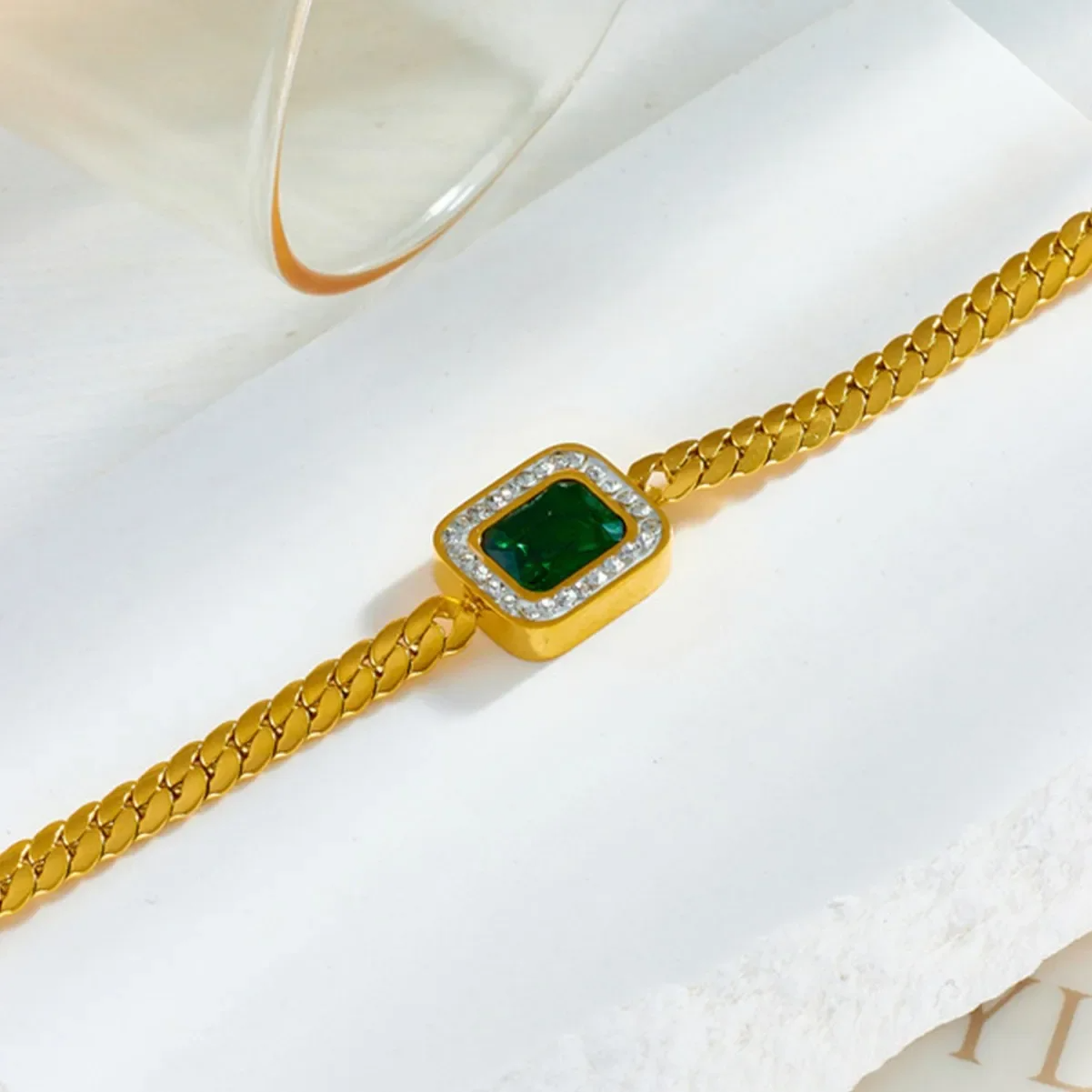 18K Gold Plated Titanium Steel Bracelet with Emerald Cube Zircon Stone
