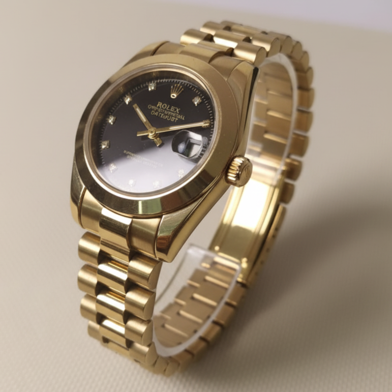 Luxury 18K gold automatic wristwatch with black dial and diamond hour markers on gold bracelet