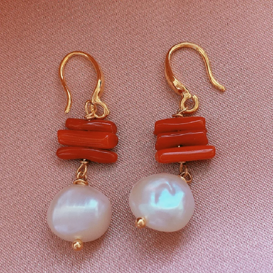 Red Coral & Freshwater Pearl Drop Earrings – Gold Plated Elegant Handmade Jewelry