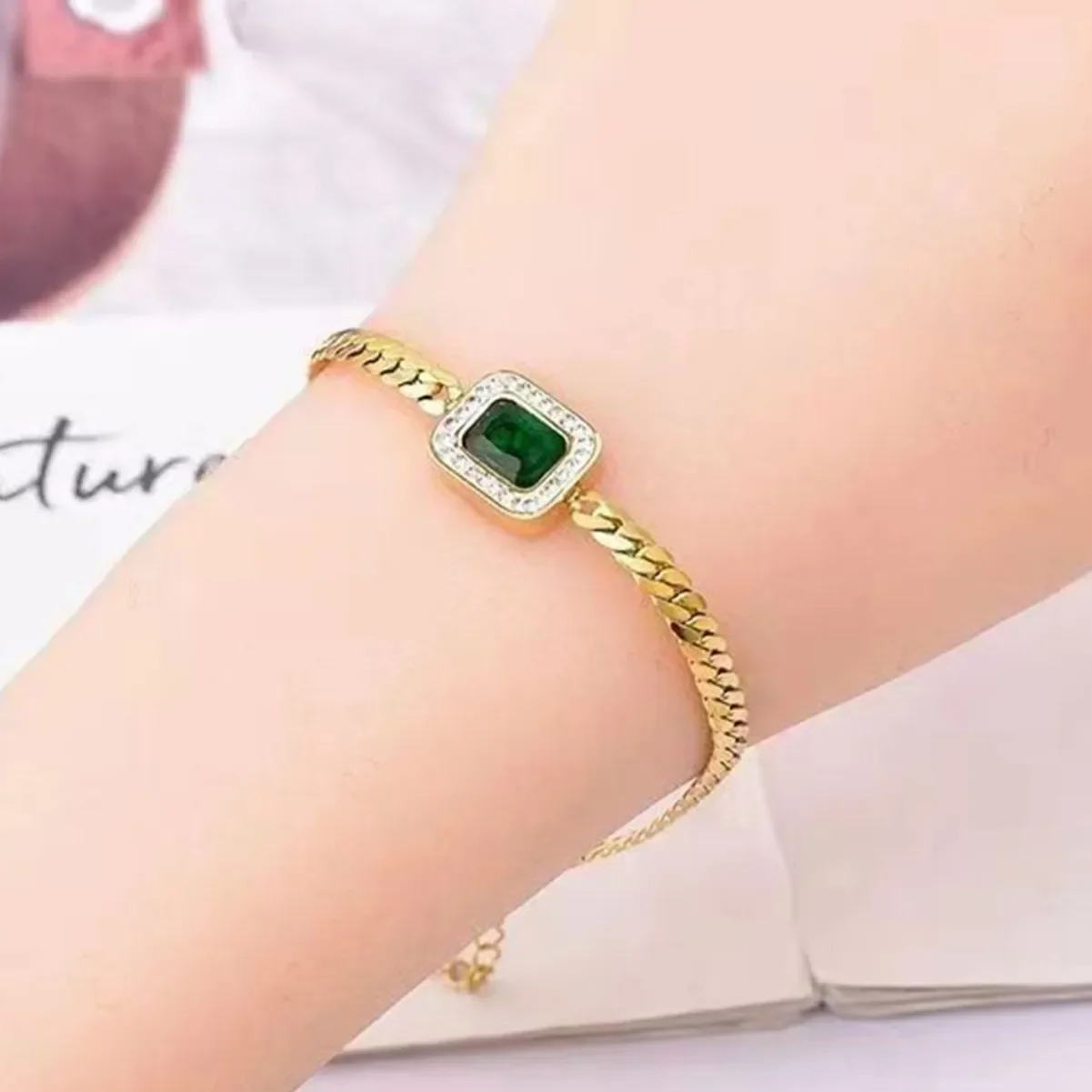 18K Gold Plated Titanium Steel Bracelet with Emerald Cube Zircon Stone
