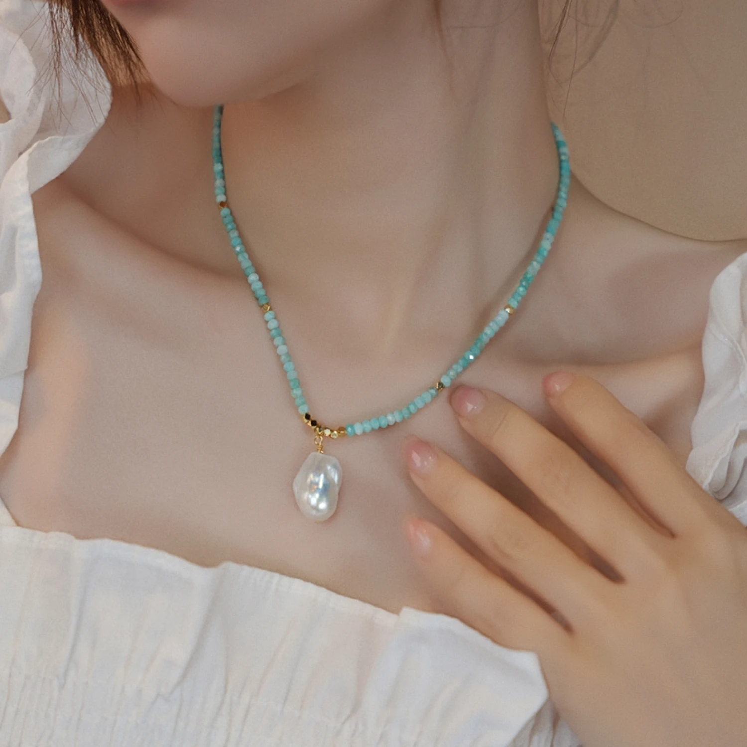 Handmade Aquamarine & Baroque Pearl Necklace – 18K Gold-Plated Accent