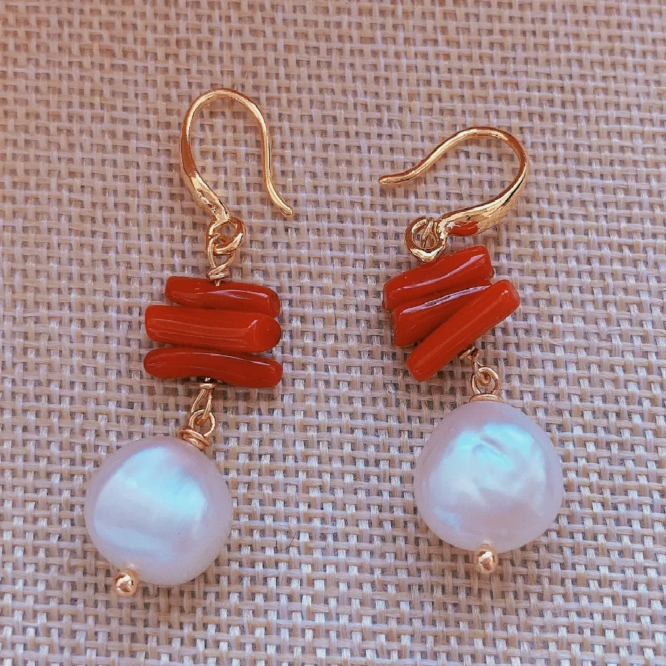 Red Coral & Freshwater Pearl Drop Earrings – Gold Plated Elegant Handmade Jewelry