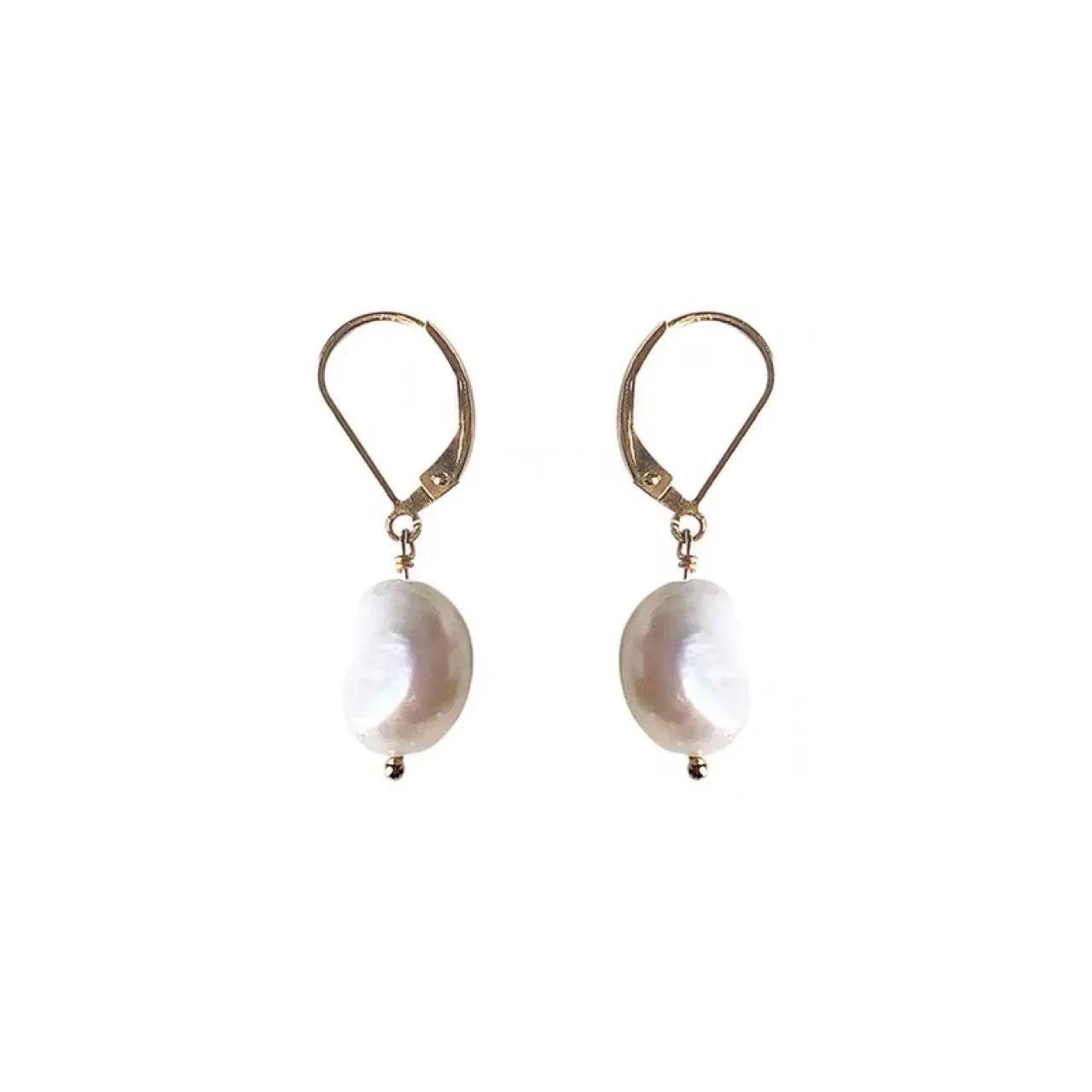 Elegant freshwater pearl drop earrings with gold lever-back hooks on white fabric background.