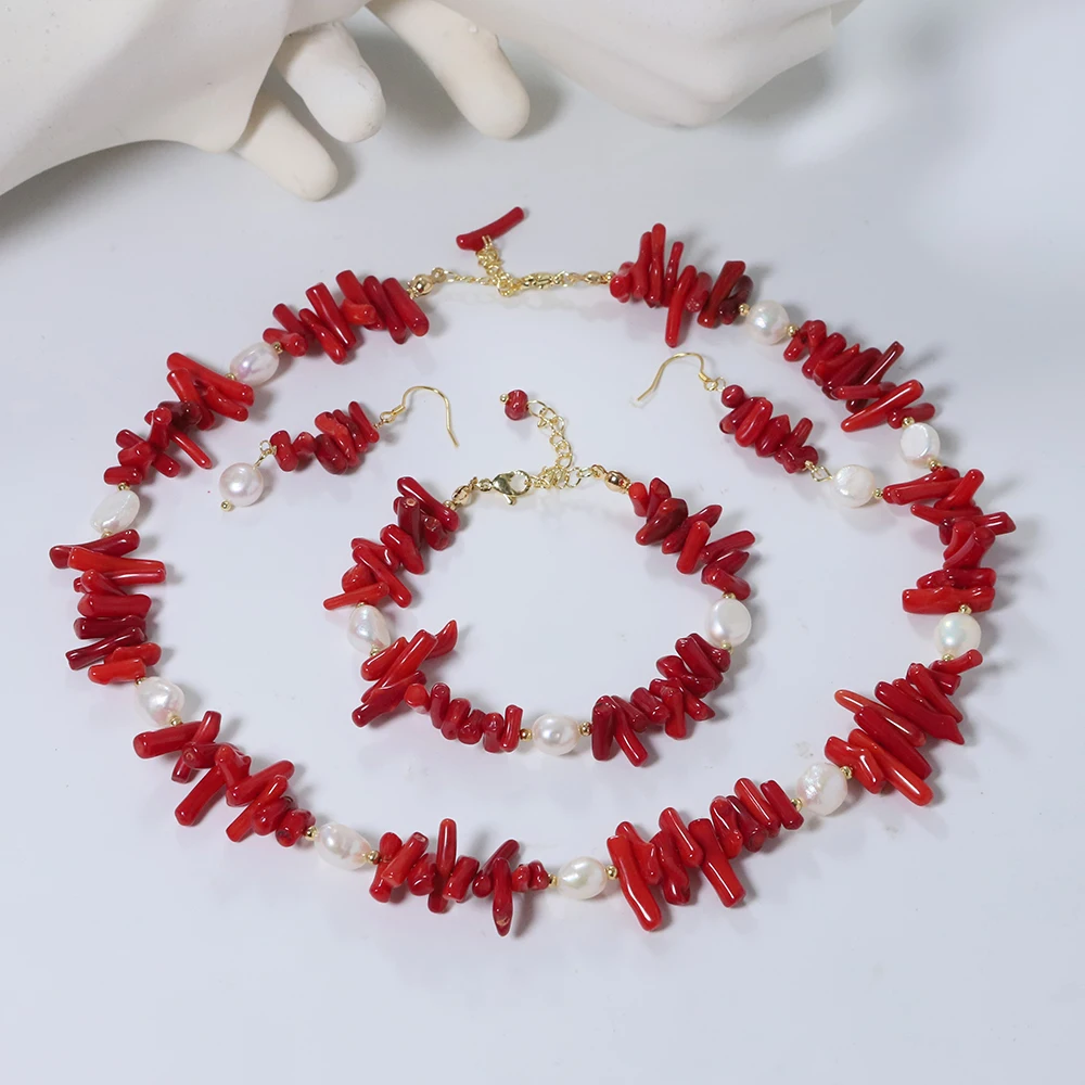 Red Coral & Pearl Jewelry Set – Handmade Boho Necklace, Bracelet & Earrings