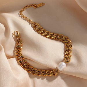 18K Gold-Plated Chunky Chain Bracelet with Natural Pearl