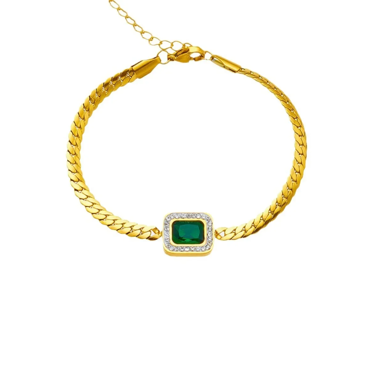 18K Gold Plated Titanium Steel Bracelet with Emerald Cube Zircon Stone