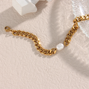 18K Gold-Plated Chunky Chain Bracelet with Natural Pearl