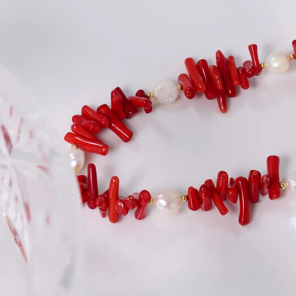 Red Coral & Pearl Jewelry Set – Handmade Boho Necklace, Bracelet & Earrings