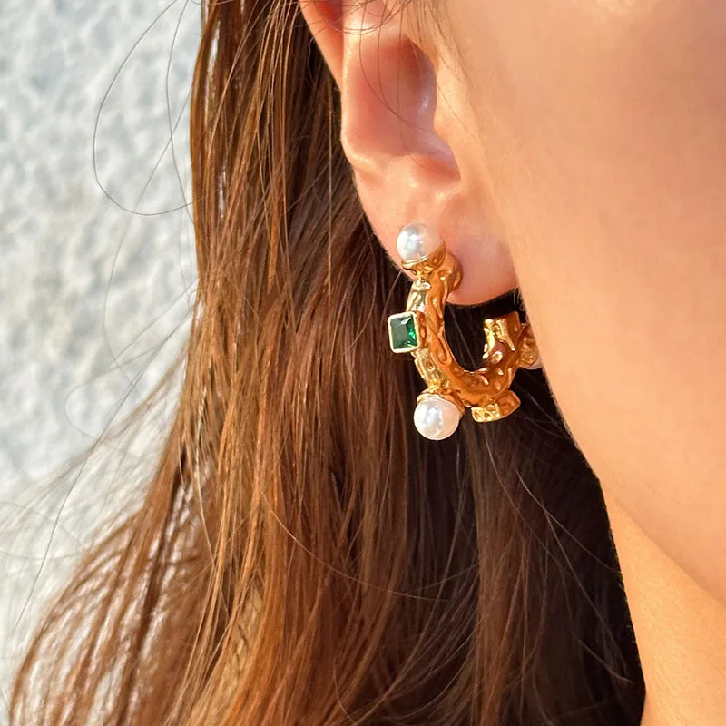 Gold-Plated Pearl & Emerald Accent Hoop Earrings | Urban Gear