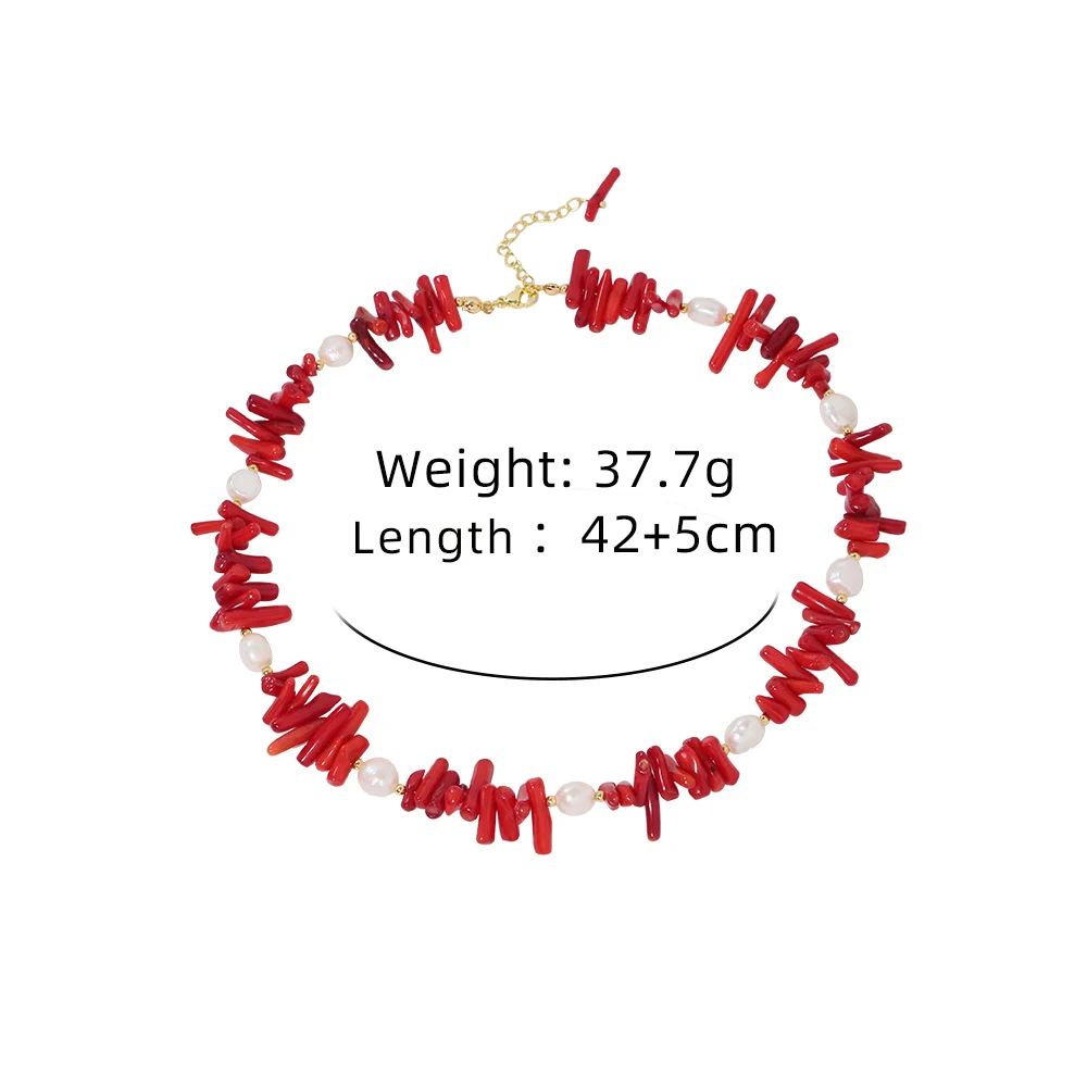 Red Coral & Pearl Jewelry Set – Handmade Boho Necklace, Bracelet & Earrings