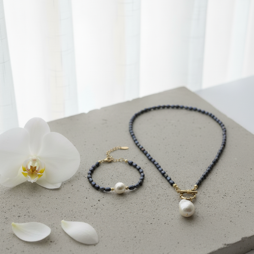 Black Freshwater Pearl Necklace with White Baroque Pendant & Gold-Plated Accents