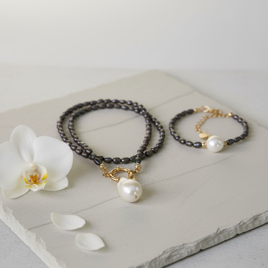 Black Freshwater Pearl Necklace with White Baroque Pendant & Gold-Plated Accents