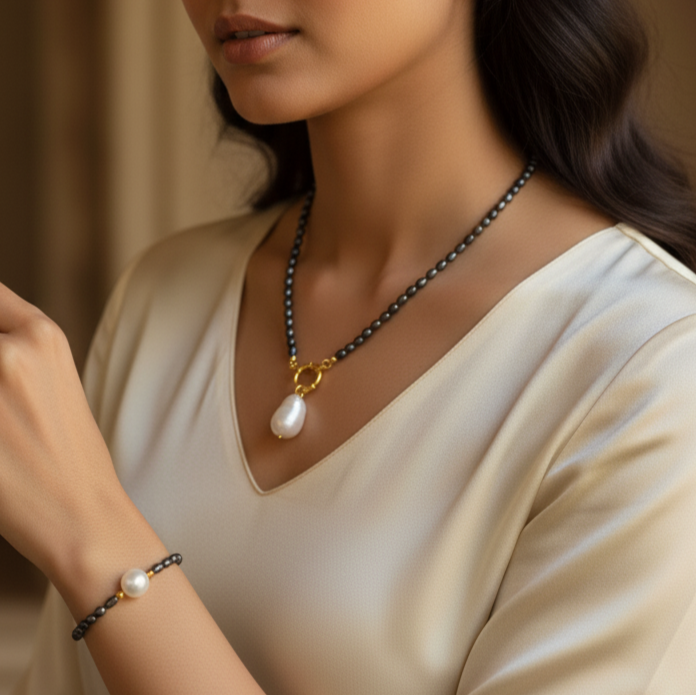 Black Freshwater Pearl Necklace with White Baroque Pendant & Gold-Plated Accents