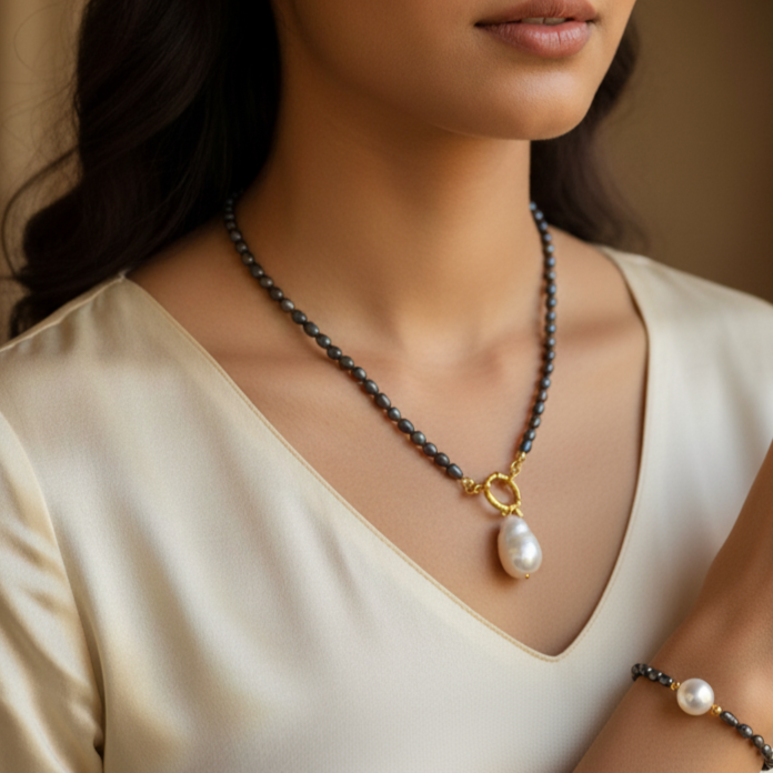 Black Freshwater Pearl Necklace with White Baroque Pendant & Gold-Plated Accents