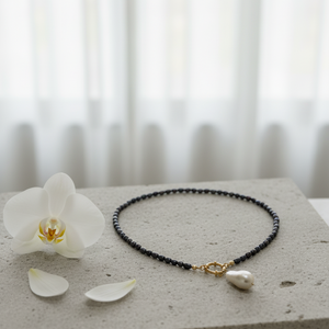 Black Freshwater Pearl Necklace with White Baroque Pendant & Gold-Plated Accents
