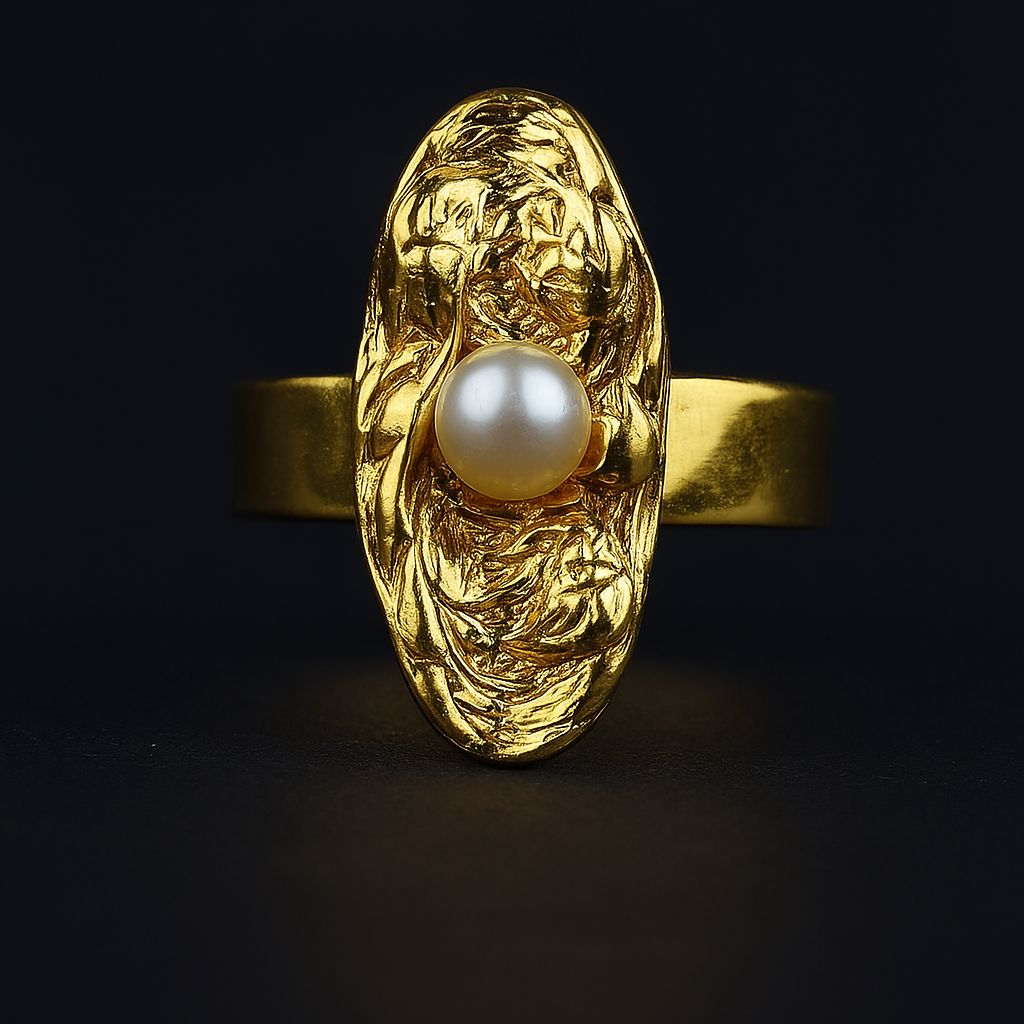 18K gold-plated textured statement ring with imitation pearl – adjustable minimalist jewelry for women